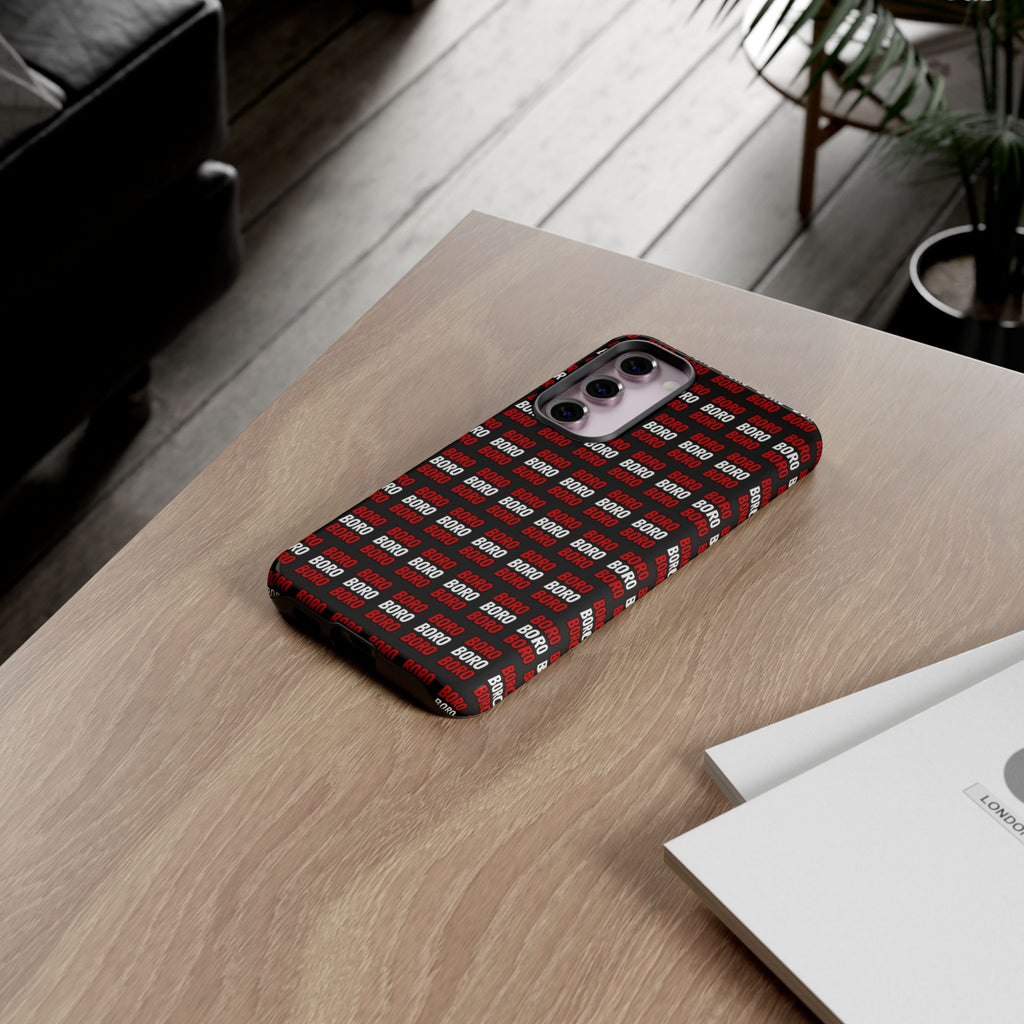 BORO BORO BORO Pattern Phone Case — Bold Red & White Repeating Text Protective Cover