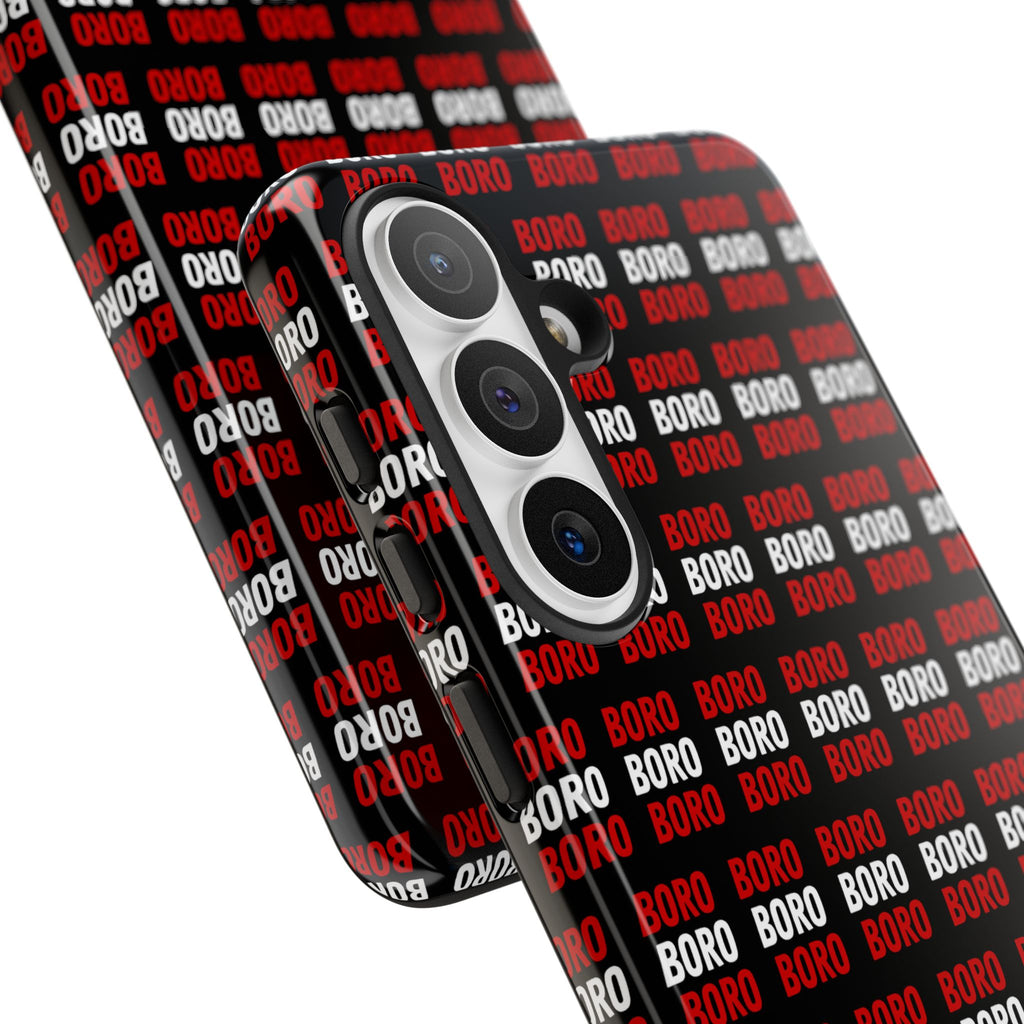 BORO BORO BORO Pattern Phone Case — Bold Red & White Repeating Text Protective Cover