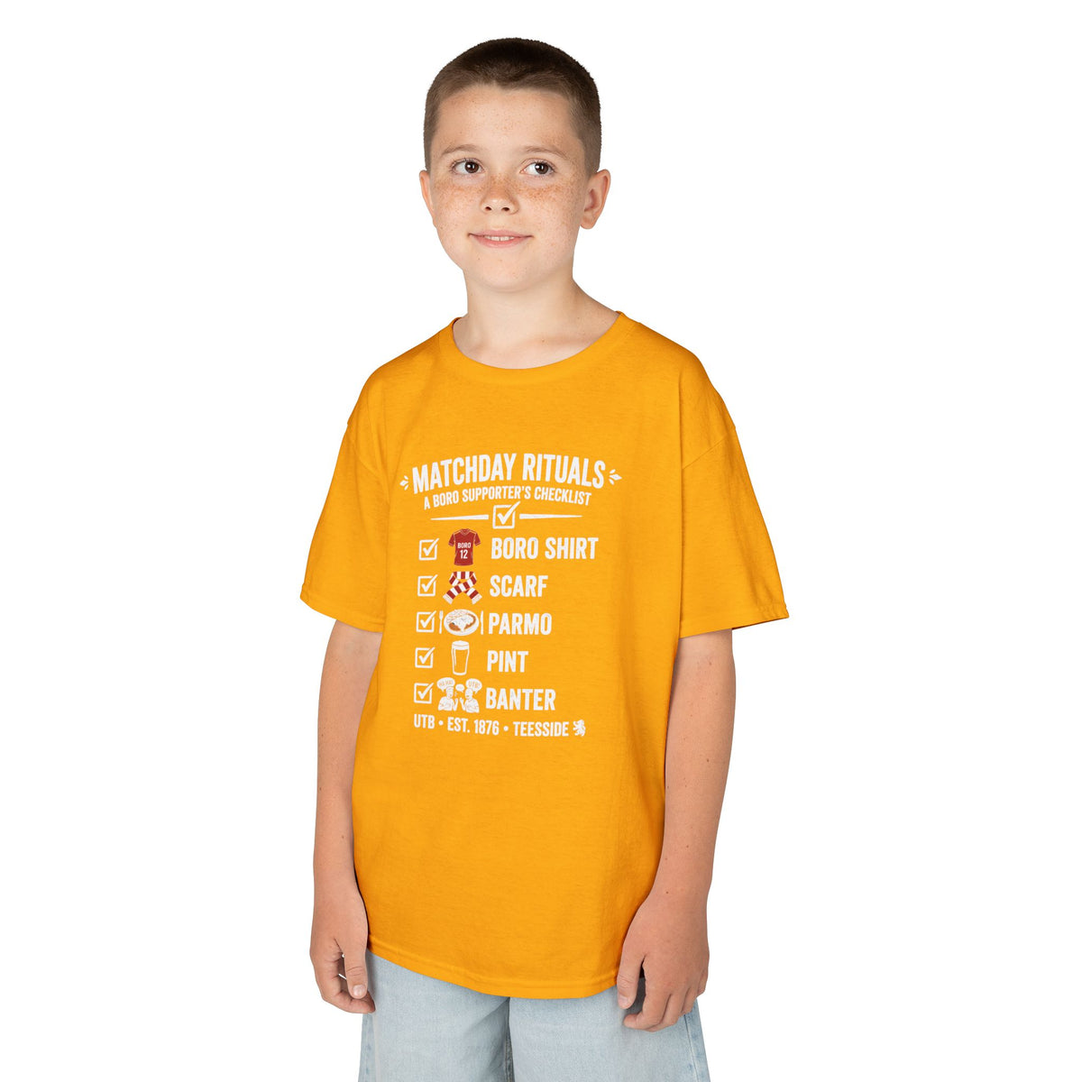 Kids Matchday Rituals Boro Football T‑Shirt — ‘Boro Shirt, Scarf, Panno, Pint, Banter’ Get ready for the match