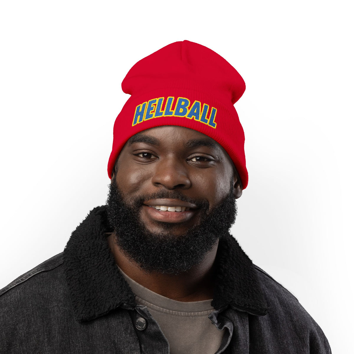 BORO Embroidered "HELLBALL" Knit Beanie - Bold Lettering Winter Hat