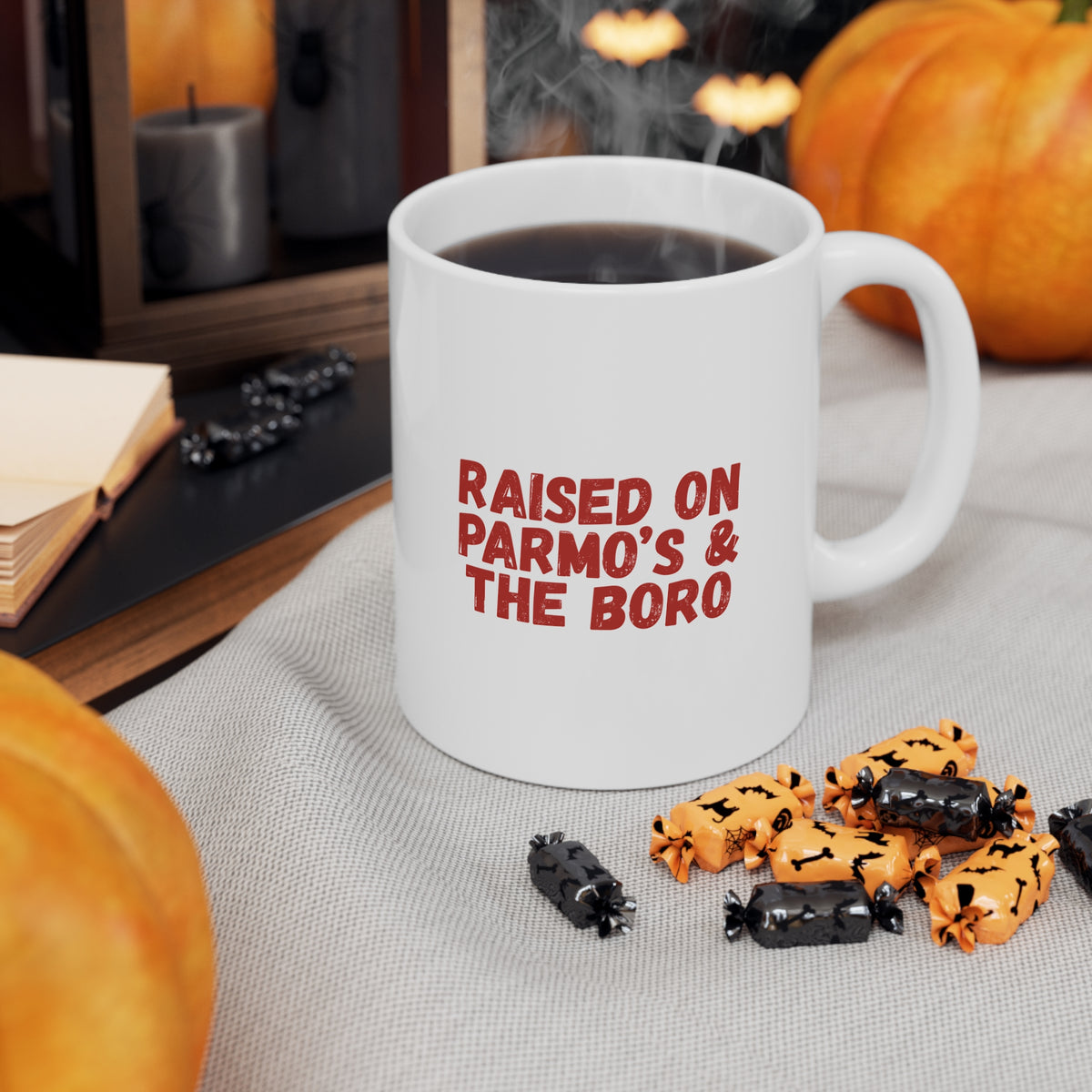 Raised on Parmo's & The Boro Mug — Funny Middlesbrough Ceramic Coffee Cup