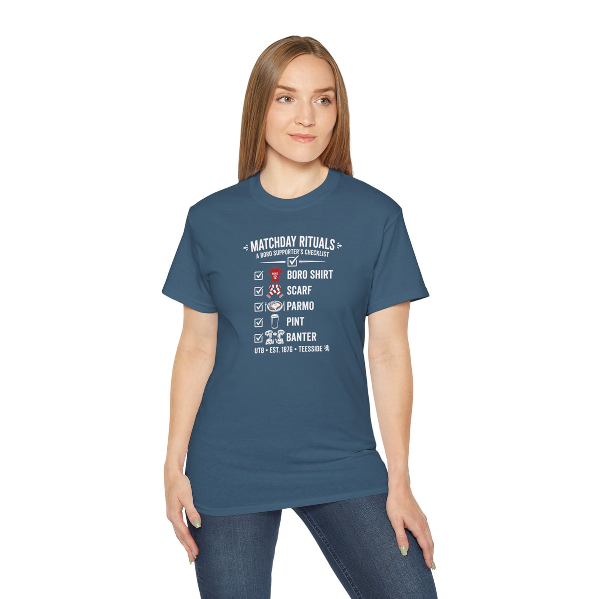 Matchday Rituals Tee — Boro Shirt, Scarf, Parmo, Pint & Banter Football T‑Shirt