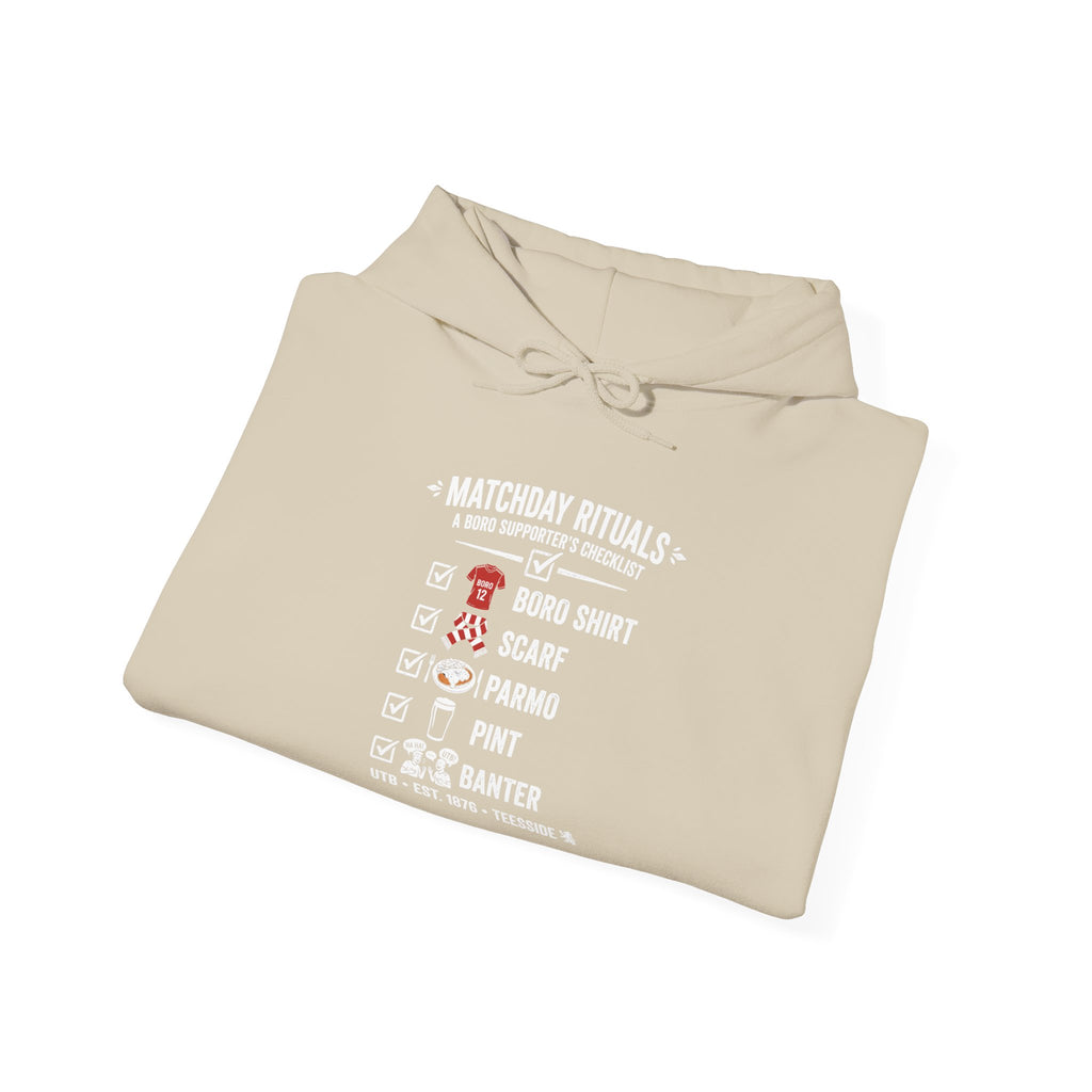 Boro Matchday Rituals Hoodie — "Matchday Rituals" Checklist Hoodie 'front print'
