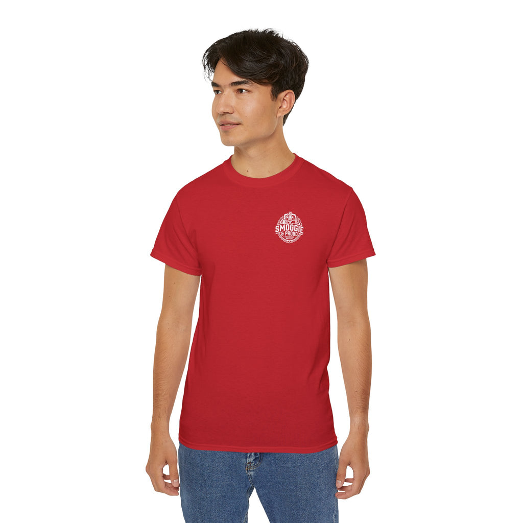 Smoggie & Proud Badge T‑Shirt — Teesside Pride Tee badge graphic
