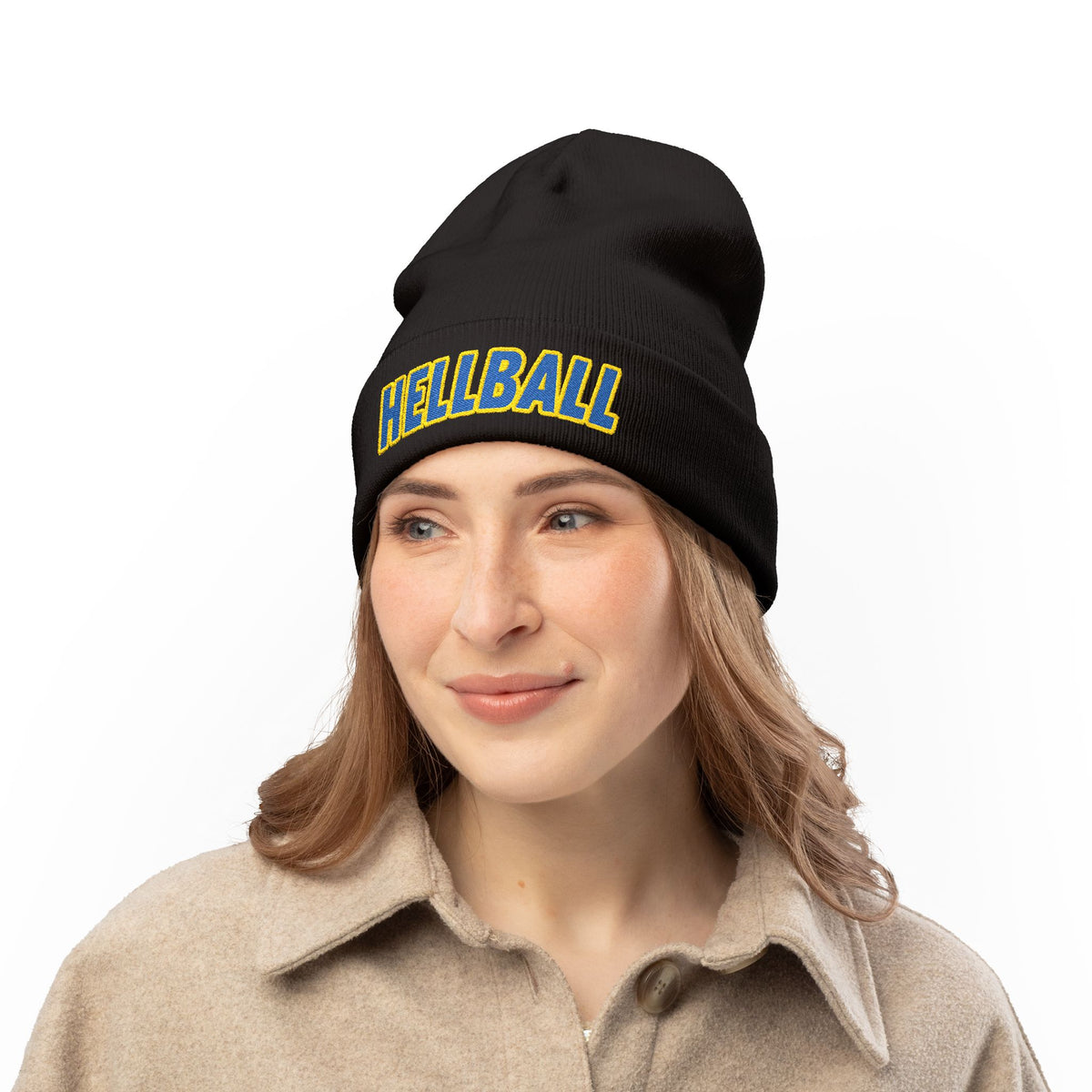 BORO Embroidered "HELLBALL" Knit Beanie - Bold Lettering Winter Hat