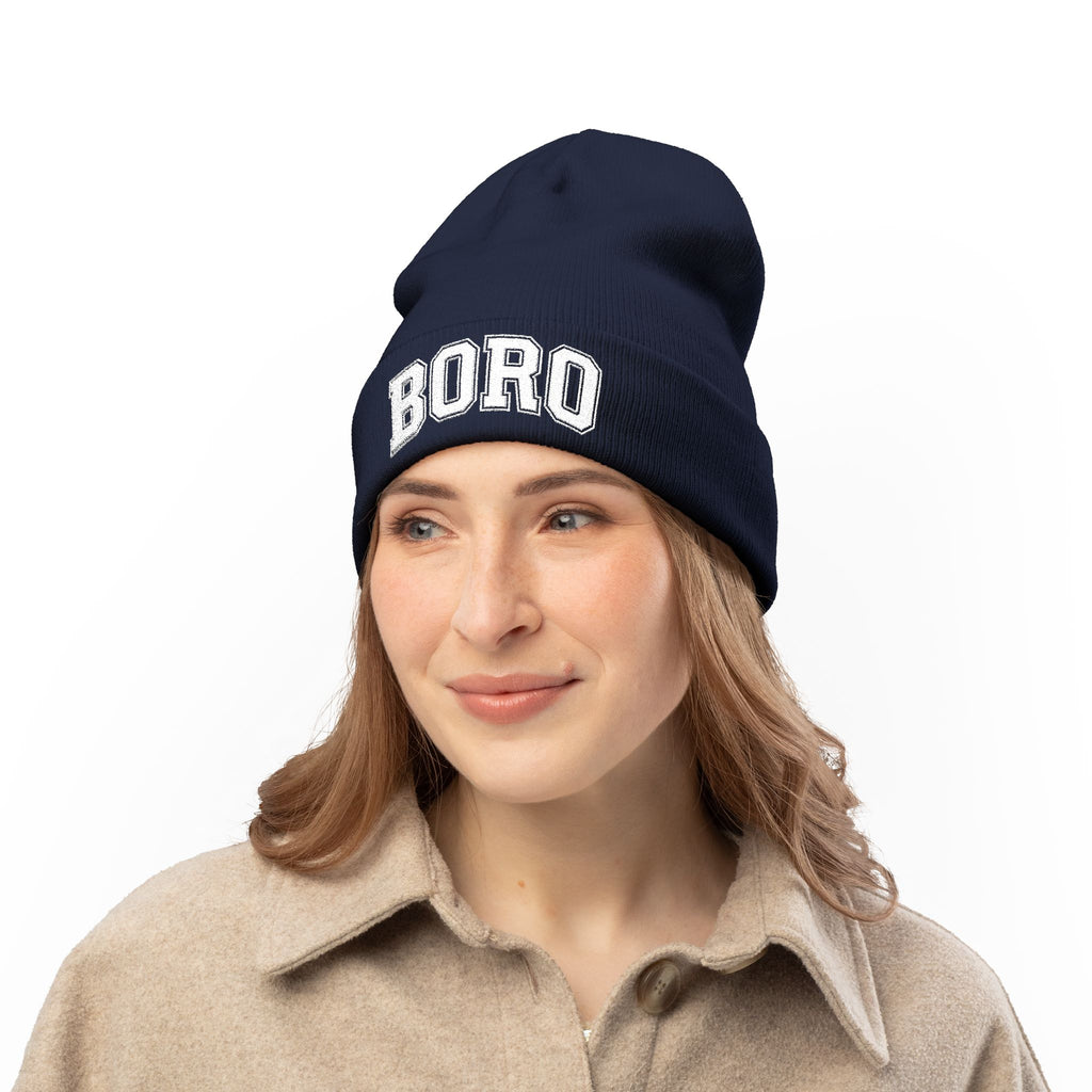 BORO Embroidered Knit Beanie — Vintage College Cuffed Winter Hat