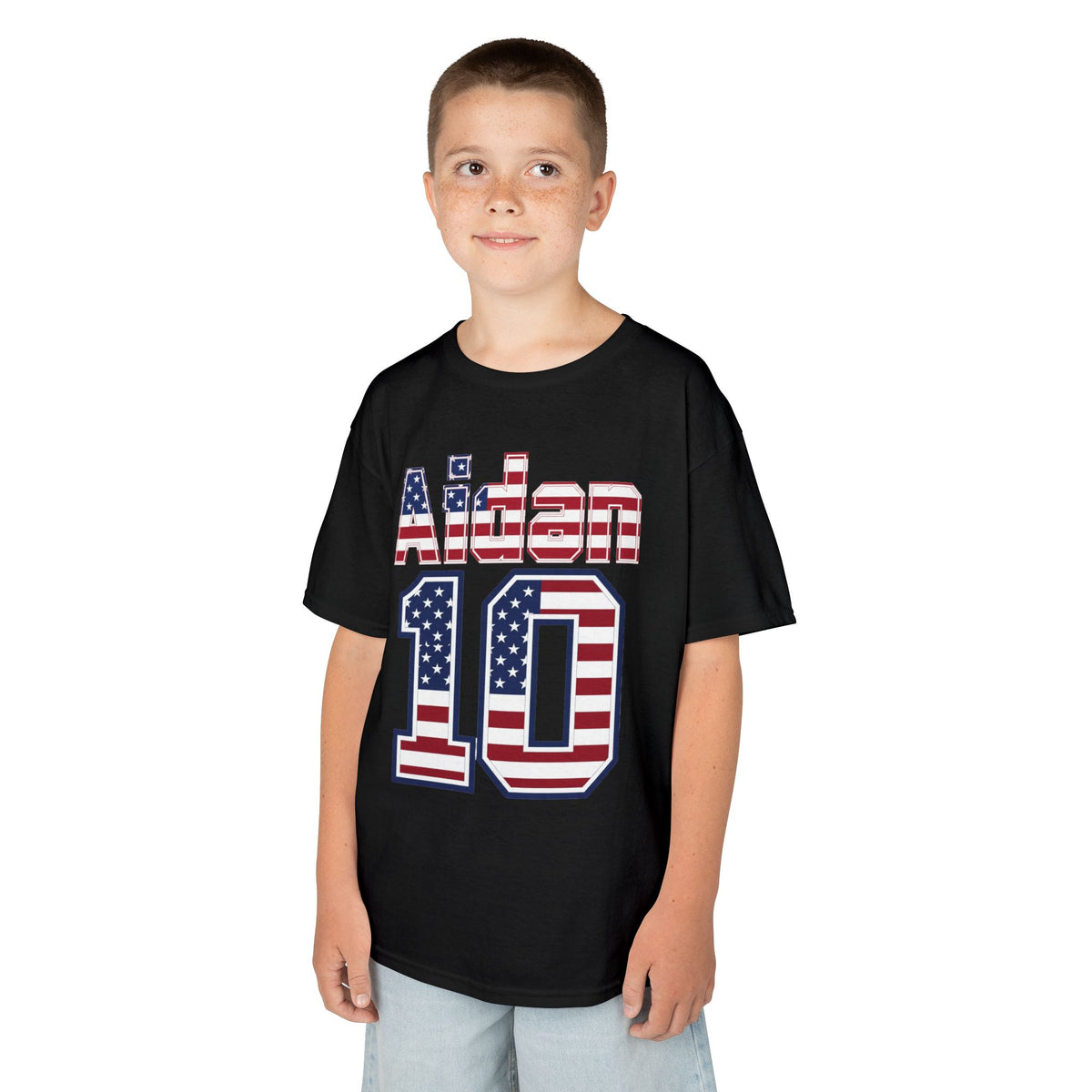 Kids Shirt 'Aiden 10' American Flag BORO Shirt, Aidan Morris is our Number 10 'Front print'