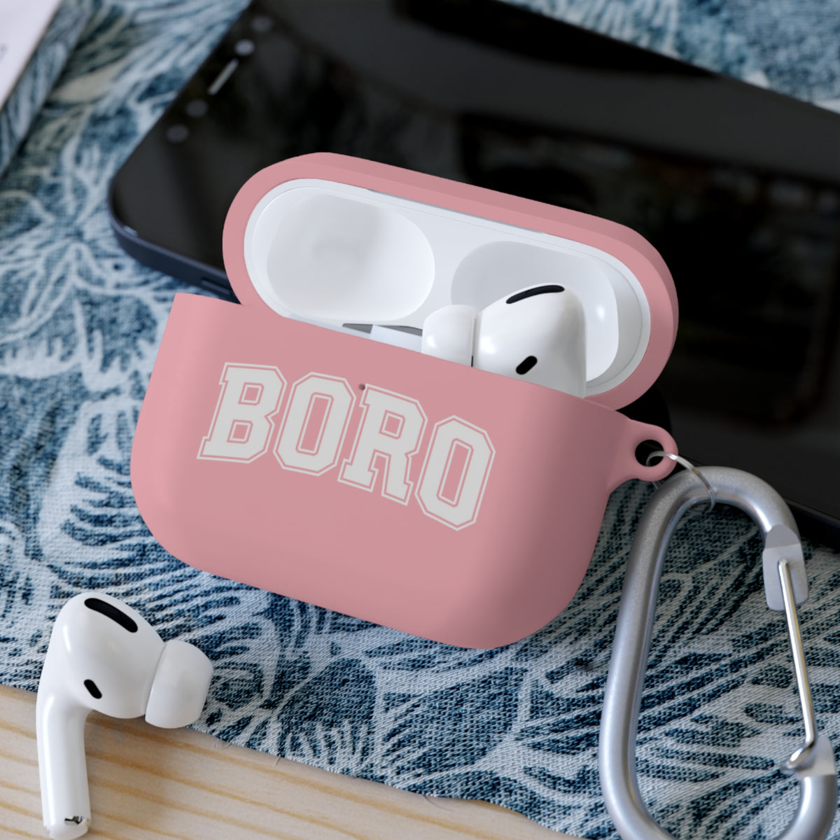 BORO Collegiate AirPods Case Cover — Black Silicone with Carabiner