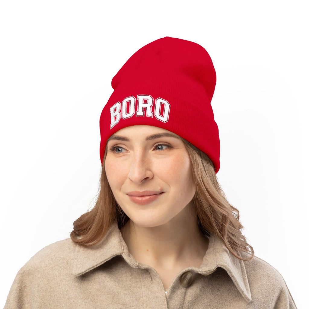 BORO Embroidered Knit Beanie — Vintage College Cuffed Winter Hat