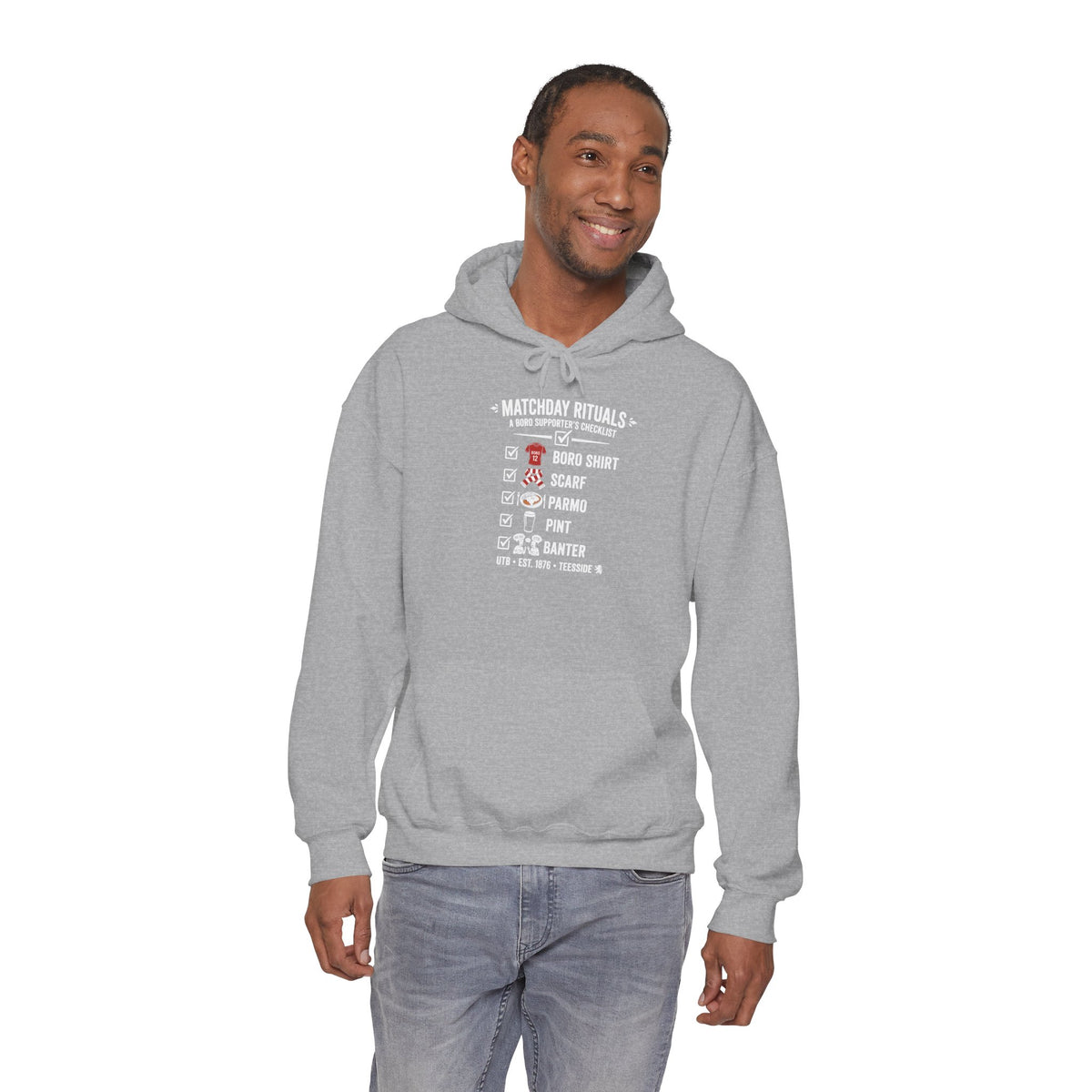 Boro Matchday Rituals Hoodie — "Matchday Rituals" Checklist Hoodie 'front print'