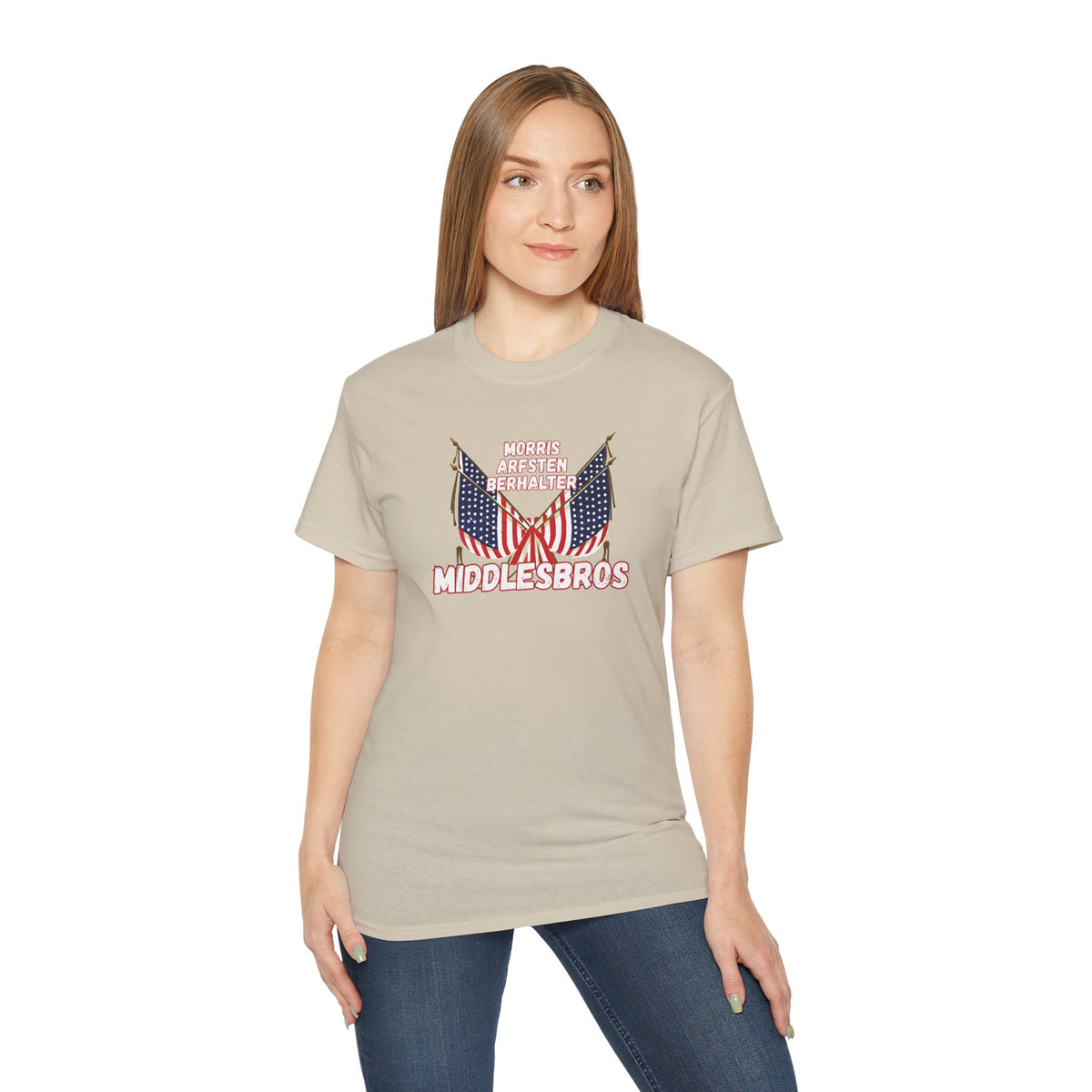 American Flag Graphic Cotton T-Shirt - Morris, Arfsten and Berhalter - Patriotic 'Middlesbros' Tee