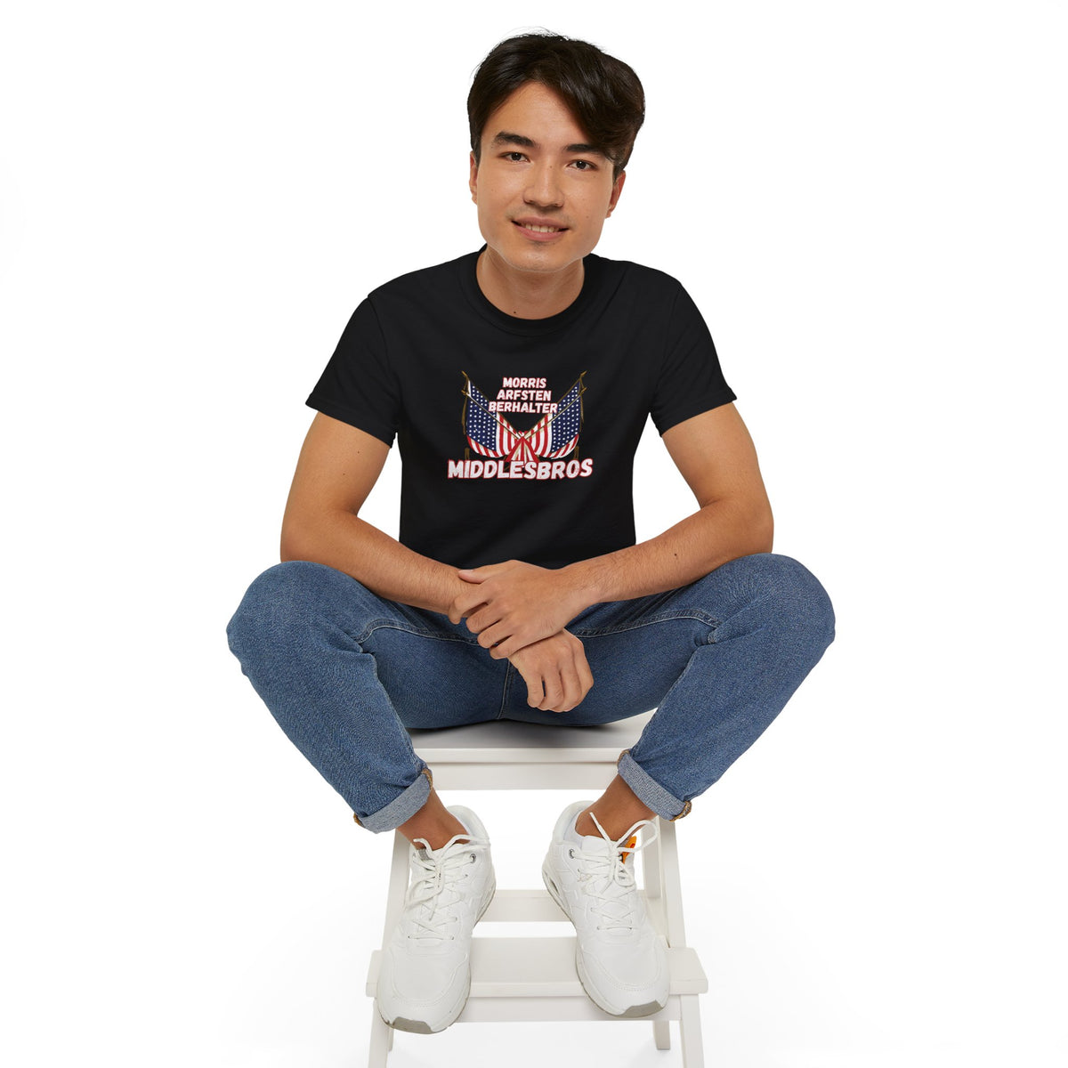 American Flag Graphic Cotton T-Shirt - Morris, Arfsten and Berhalter - Patriotic 'Middlesbros' Tee