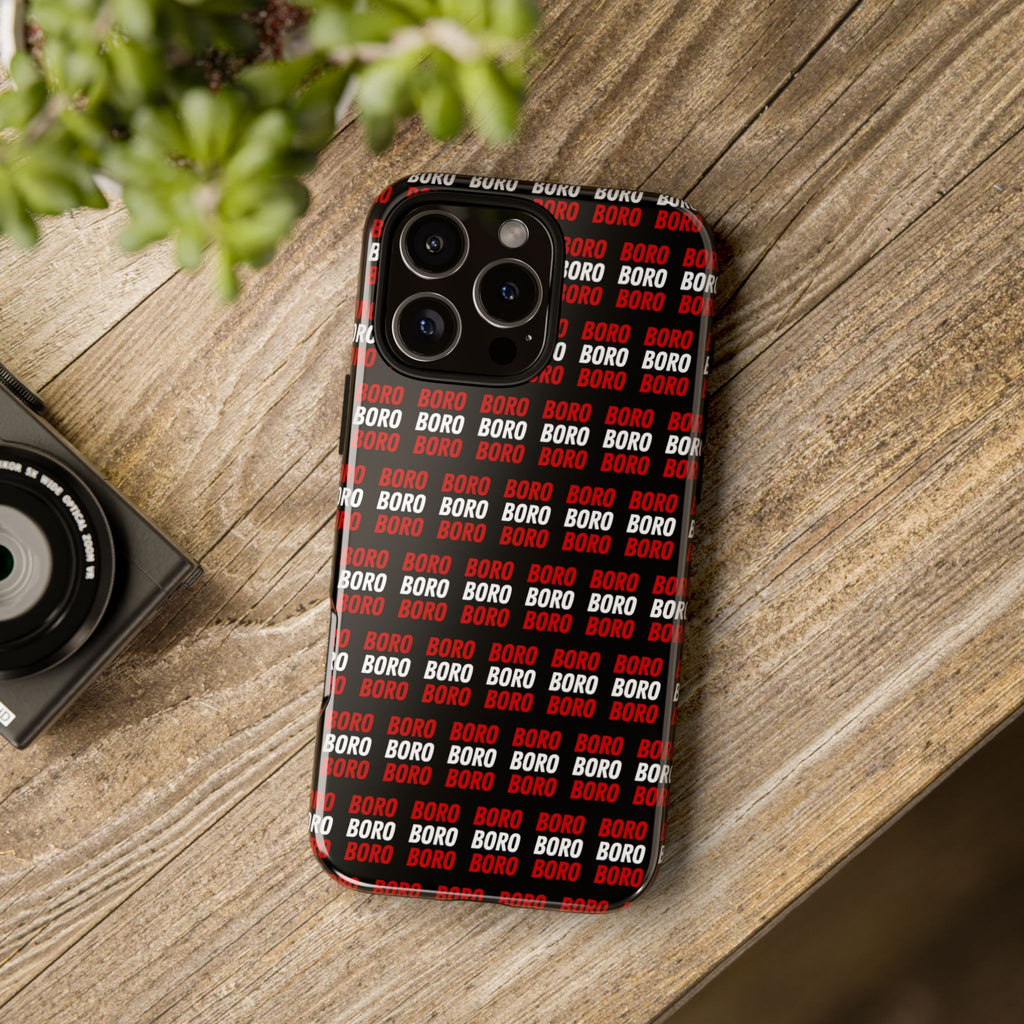 BORO BORO BORO Pattern Phone Case — Bold Red & White Repeating Text Protective Cover