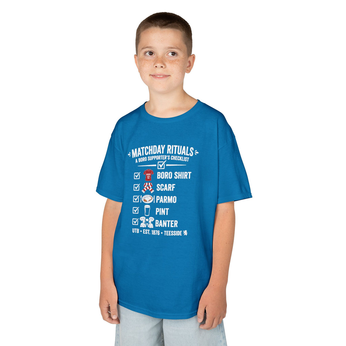 Kids Matchday Rituals Boro Football T‑Shirt — ‘Boro Shirt, Scarf, Panno, Pint, Banter’ Get ready for the match