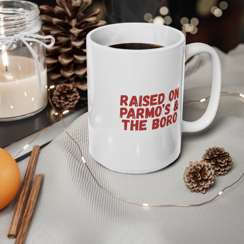 Raised on Parmo's & The Boro Mug — Funny Middlesbrough Ceramic Coffee Cup