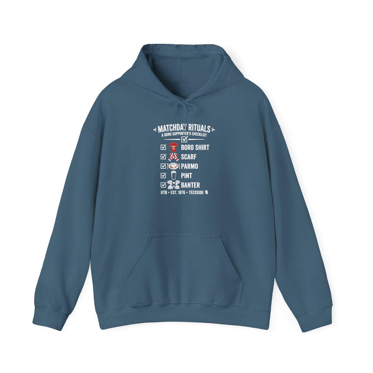 Boro Matchday Rituals Hoodie — "Matchday Rituals" Checklist Hoodie 'front print'