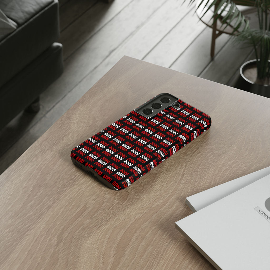 BORO BORO BORO Pattern Phone Case — Bold Red & White Repeating Text Protective Cover