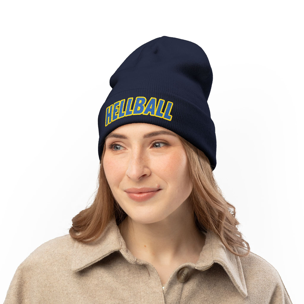 BORO Embroidered "HELLBALL" Knit Beanie - Bold Lettering Winter Hat