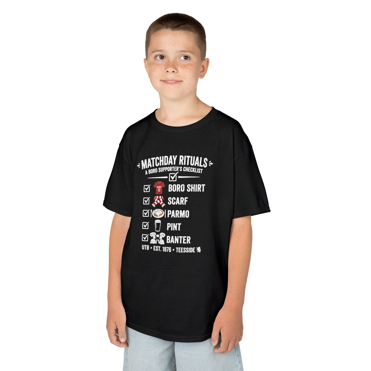 Kids Matchday Rituals Boro Football T‑Shirt — ‘Boro Shirt, Scarf, Panno, Pint, Banter’ Get ready for the match
