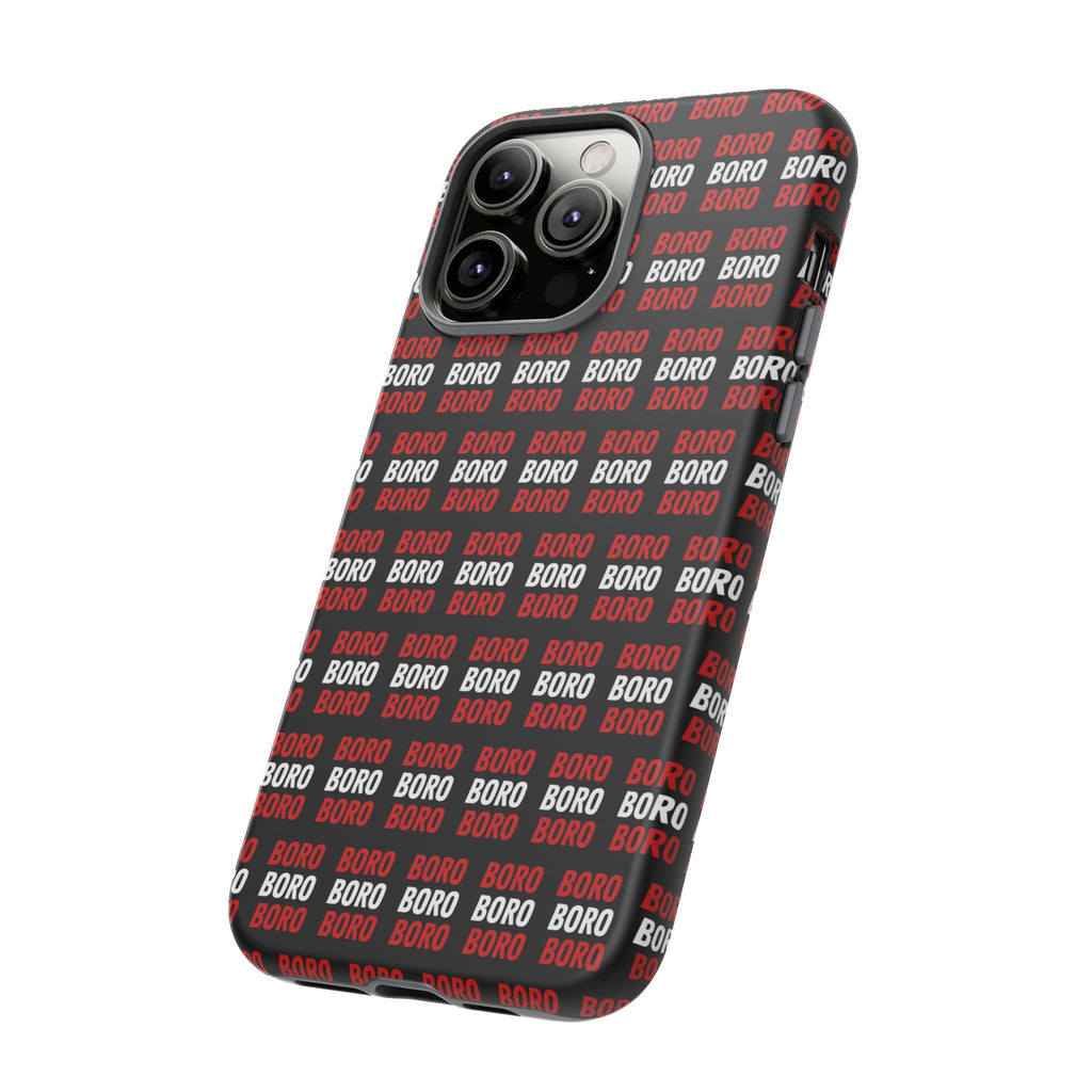 BORO BORO BORO Pattern Phone Case — Bold Red & White Repeating Text Protective Cover