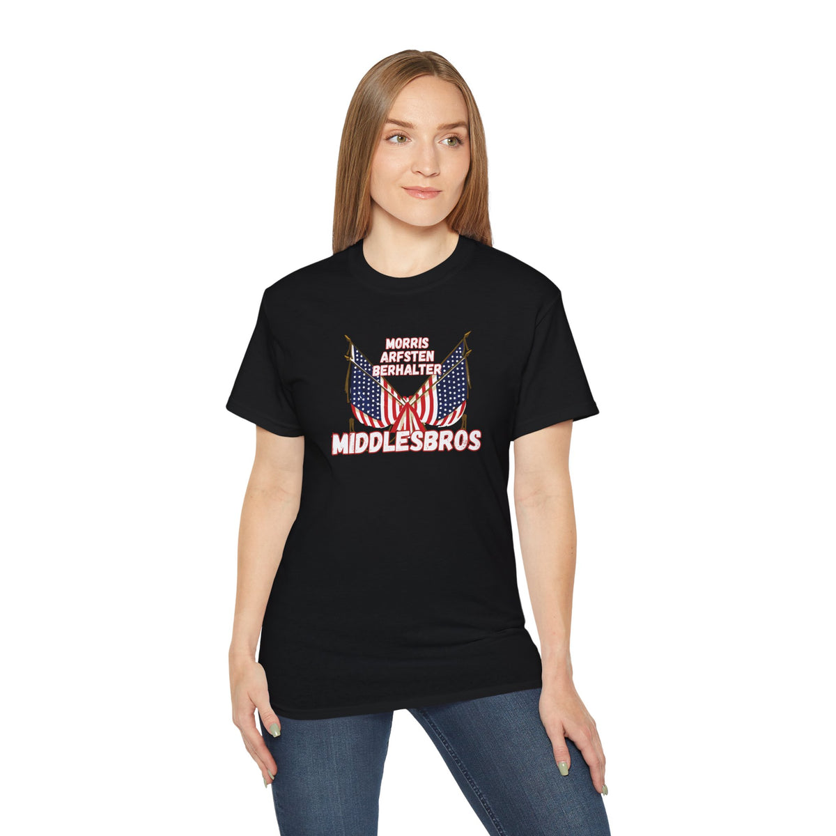 American Flag Graphic Cotton T-Shirt - Morris, Arfsten and Berhalter - Patriotic 'Middlesbros' Tee