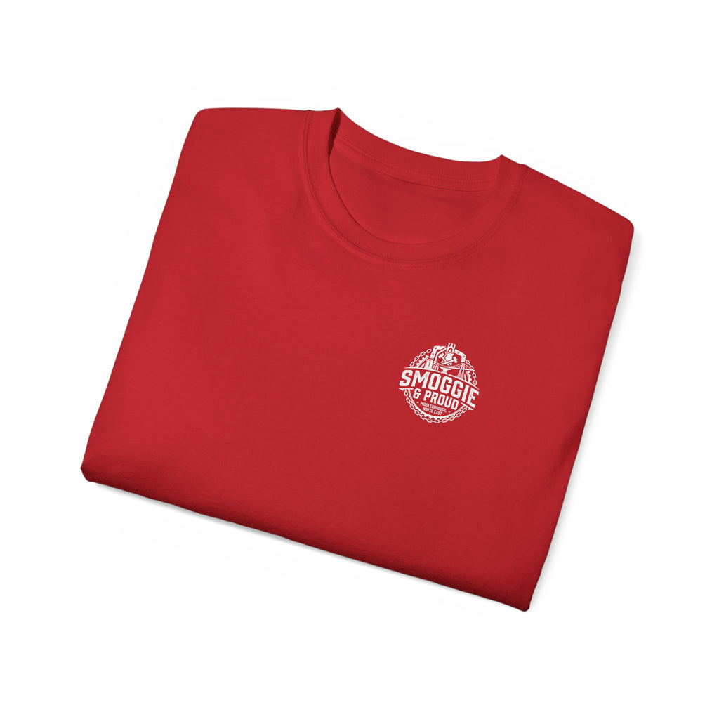 Smoggie & Proud Badge T‑Shirt — Teesside Pride Tee badge graphic