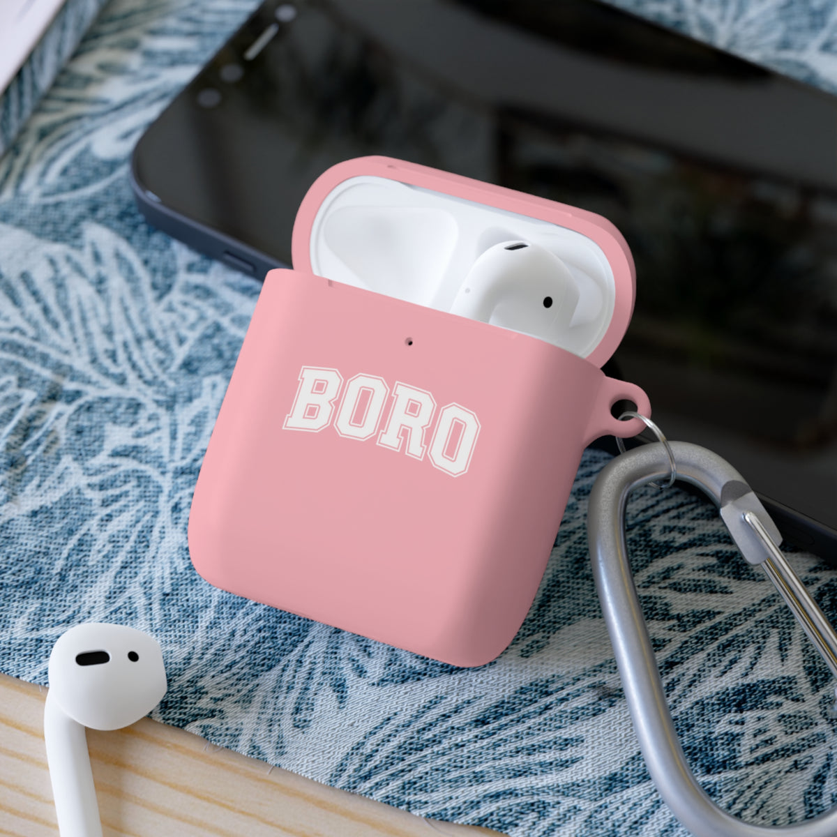 BORO Collegiate AirPods Case Cover — Black Silicone with Carabiner