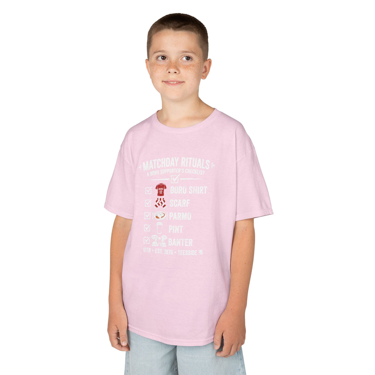 Kids Matchday Rituals Boro Football T‑Shirt — ‘Boro Shirt, Scarf, Panno, Pint, Banter’ Get ready for the match