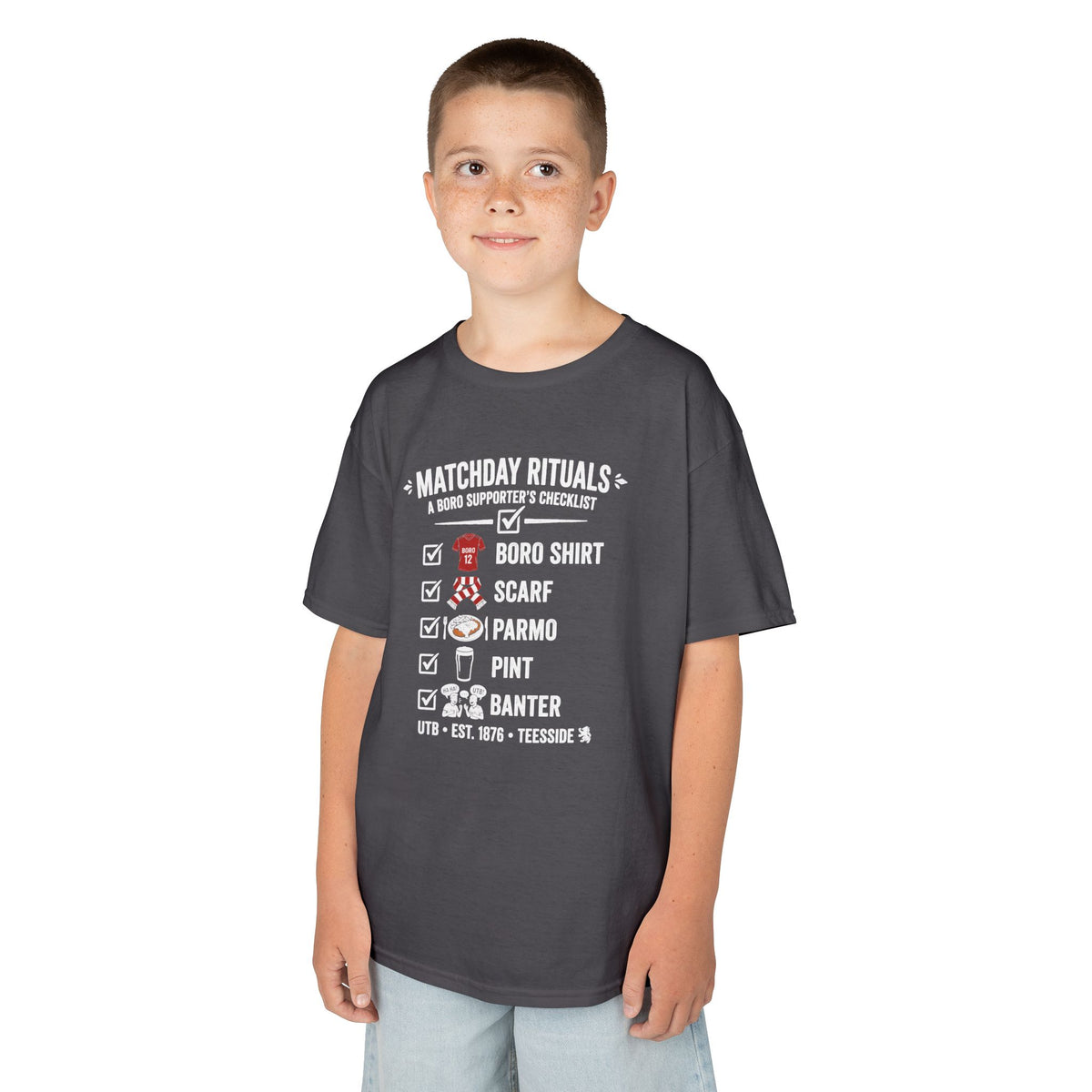 Kids Matchday Rituals Boro Football T‑Shirt — ‘Boro Shirt, Scarf, Panno, Pint, Banter’ Get ready for the match