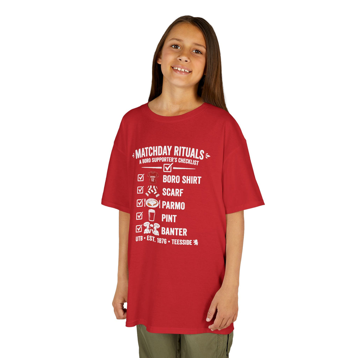 Kids Matchday Rituals Boro Football T‑Shirt — ‘Boro Shirt, Scarf, Panno, Pint, Banter’ Get ready for the match