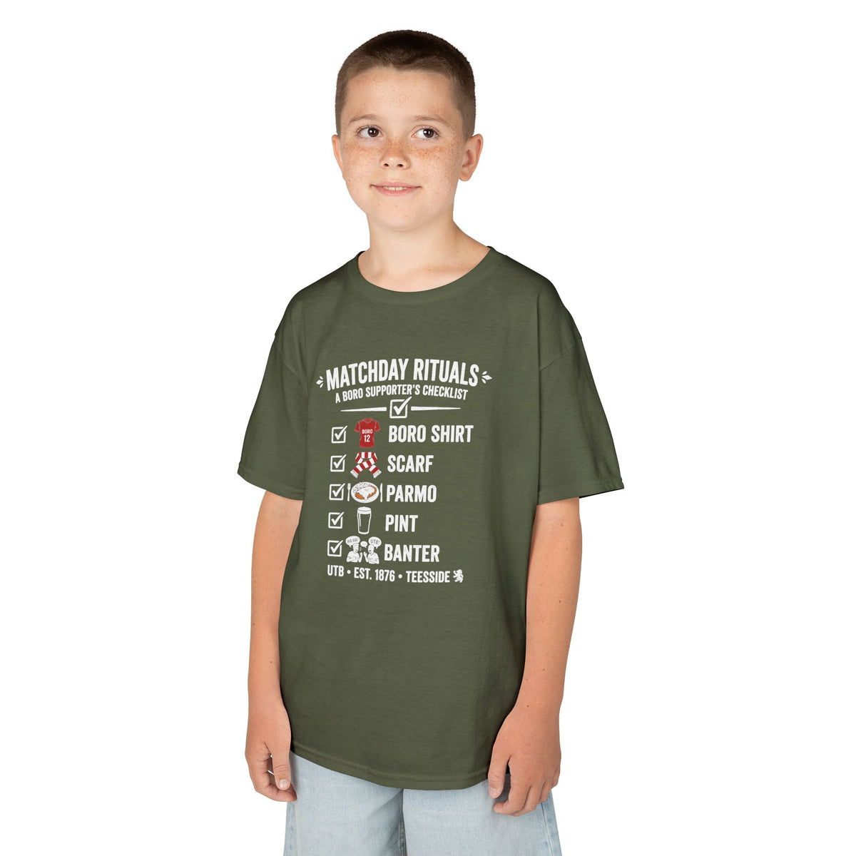 Kids Matchday Rituals Boro Football T‑Shirt — ‘Boro Shirt, Scarf, Panno, Pint, Banter’ Get ready for the match