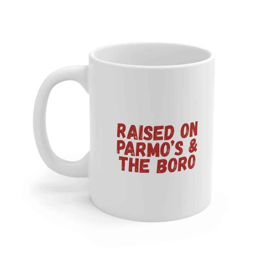 Raised on Parmo's & The Boro Mug — Funny Middlesbrough Ceramic Coffee Cup