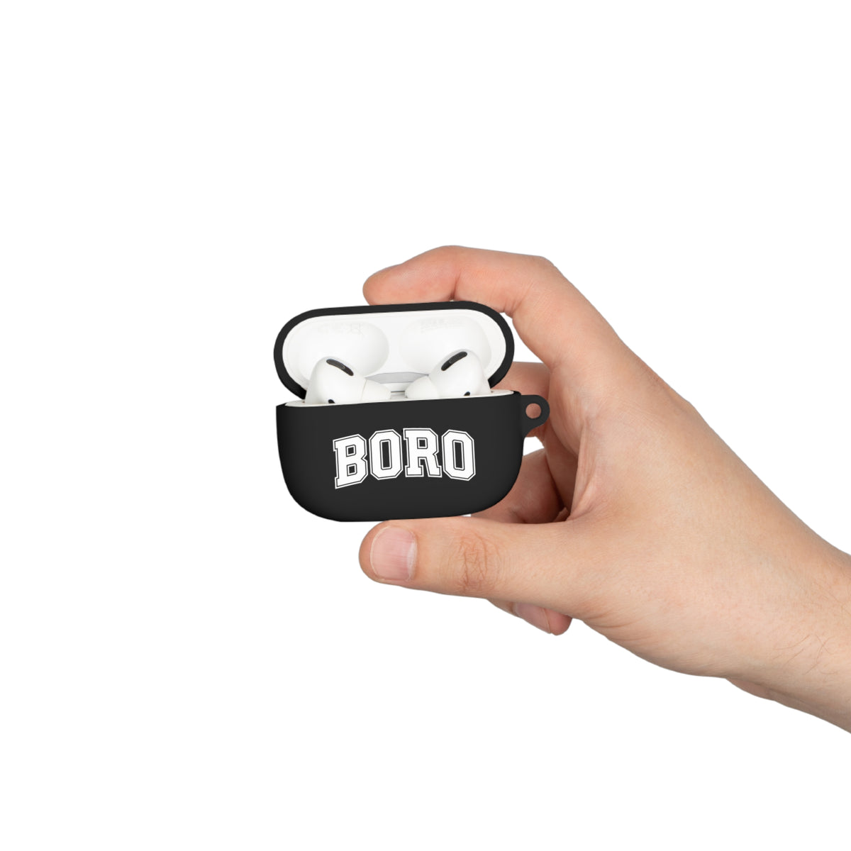 BORO Collegiate AirPods Case Cover — Black Silicone with Carabiner