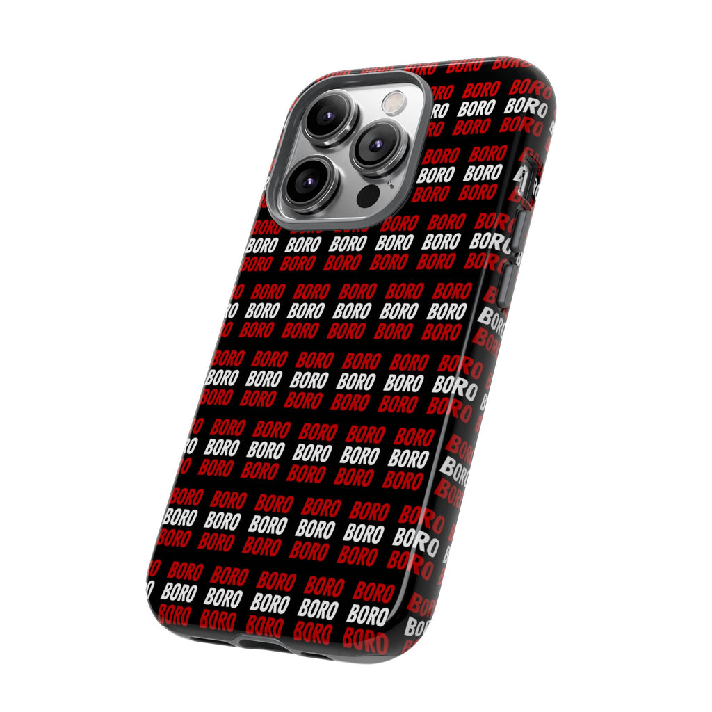 BORO BORO BORO Pattern Phone Case — Bold Red & White Repeating Text Protective Cover