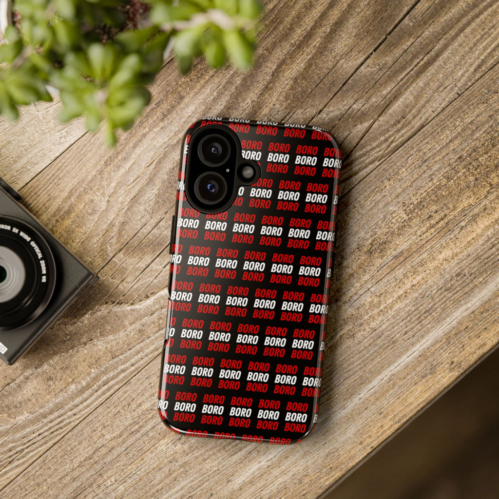 BORO BORO BORO Pattern Phone Case — Bold Red & White Repeating Text Protective Cover