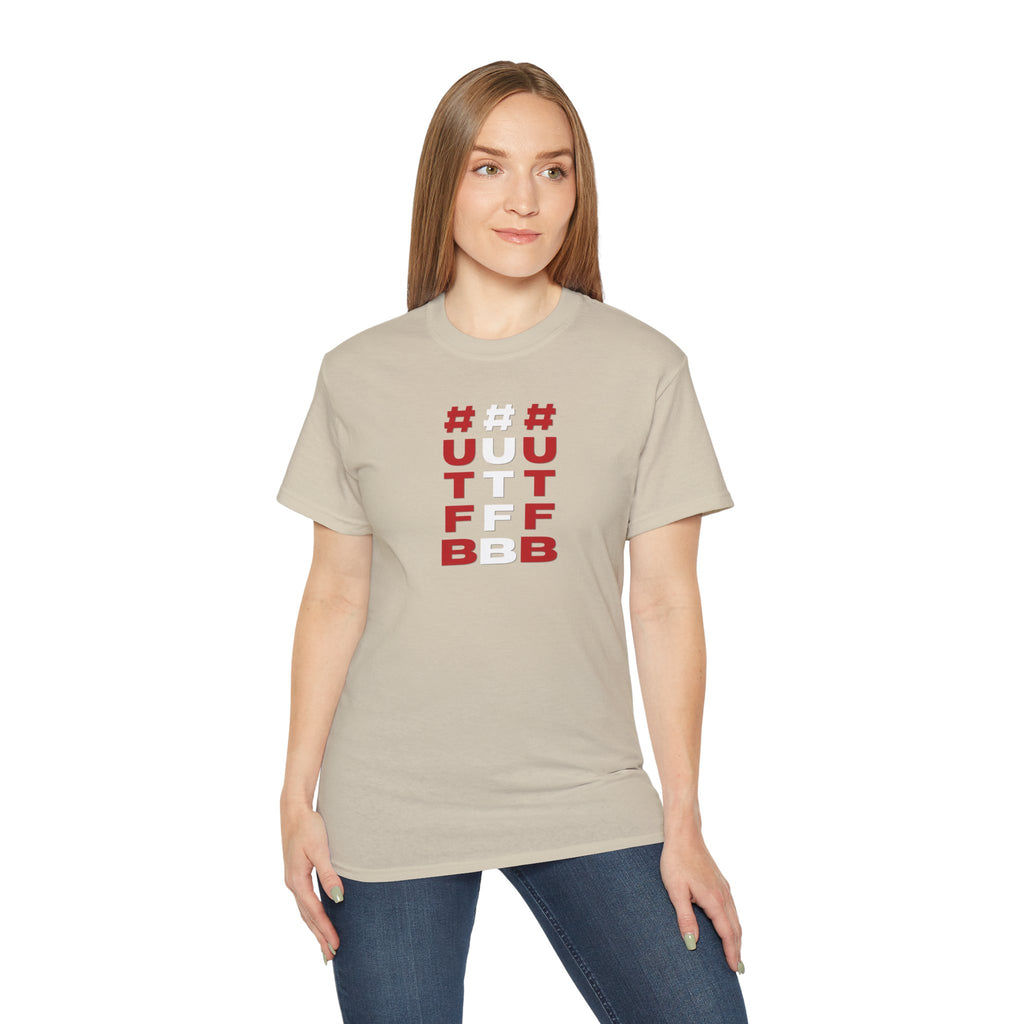 Tripple Vertical '#UTFB' Graphic Tee — Red & White Minimalist Design