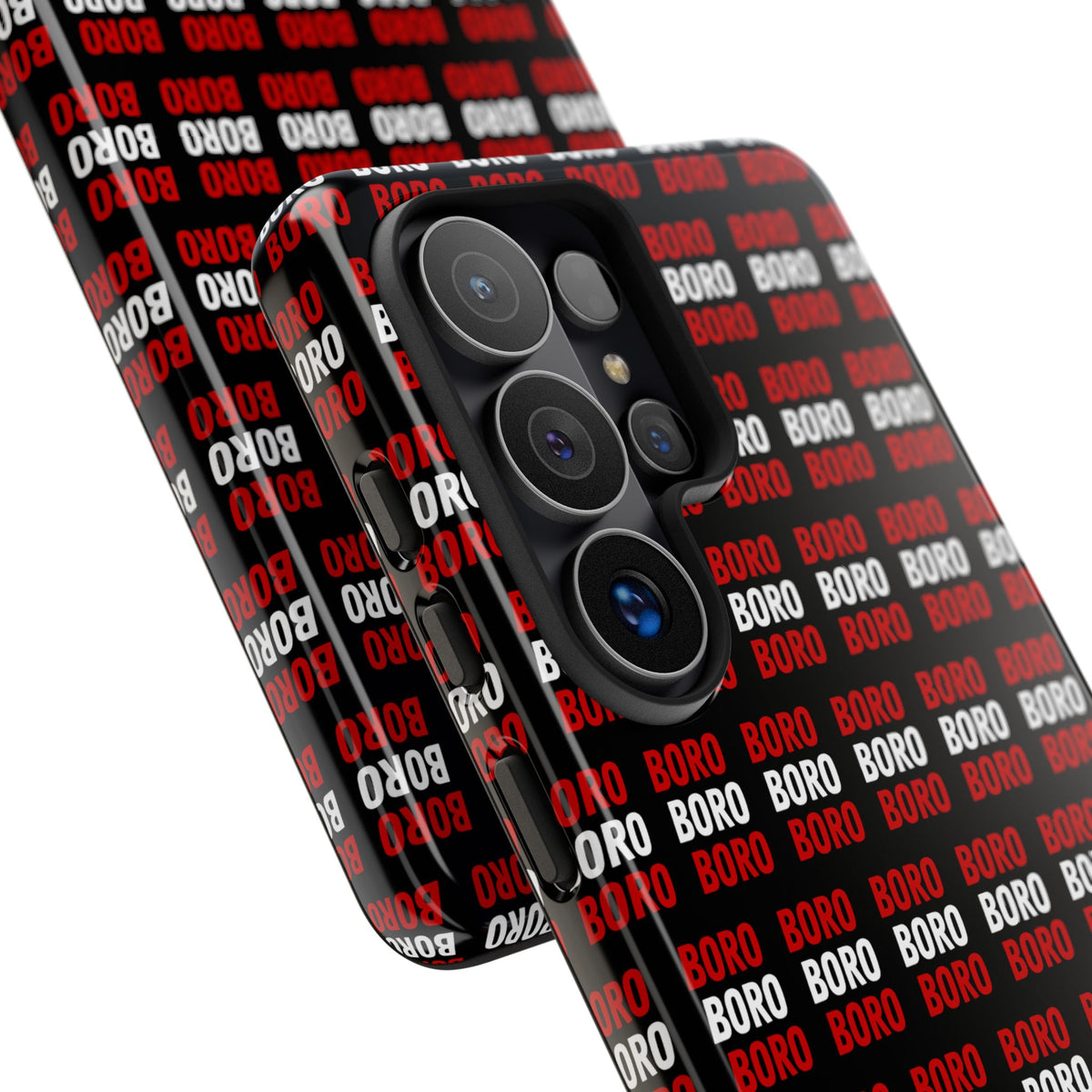 BORO BORO BORO Pattern Phone Case — Bold Red & White Repeating Text Protective Cover