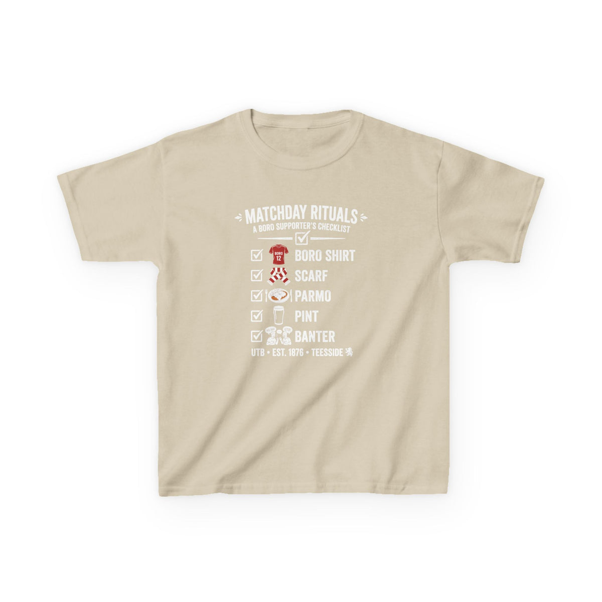Kids Matchday Rituals Boro Football T‑Shirt — ‘Boro Shirt, Scarf, Panno, Pint, Banter’ Get ready for the match