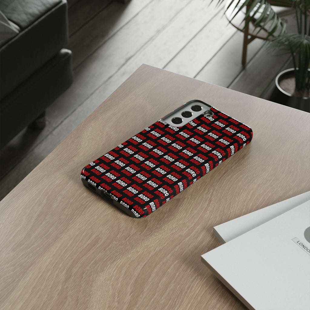 BORO BORO BORO Pattern Phone Case — Bold Red & White Repeating Text Protective Cover