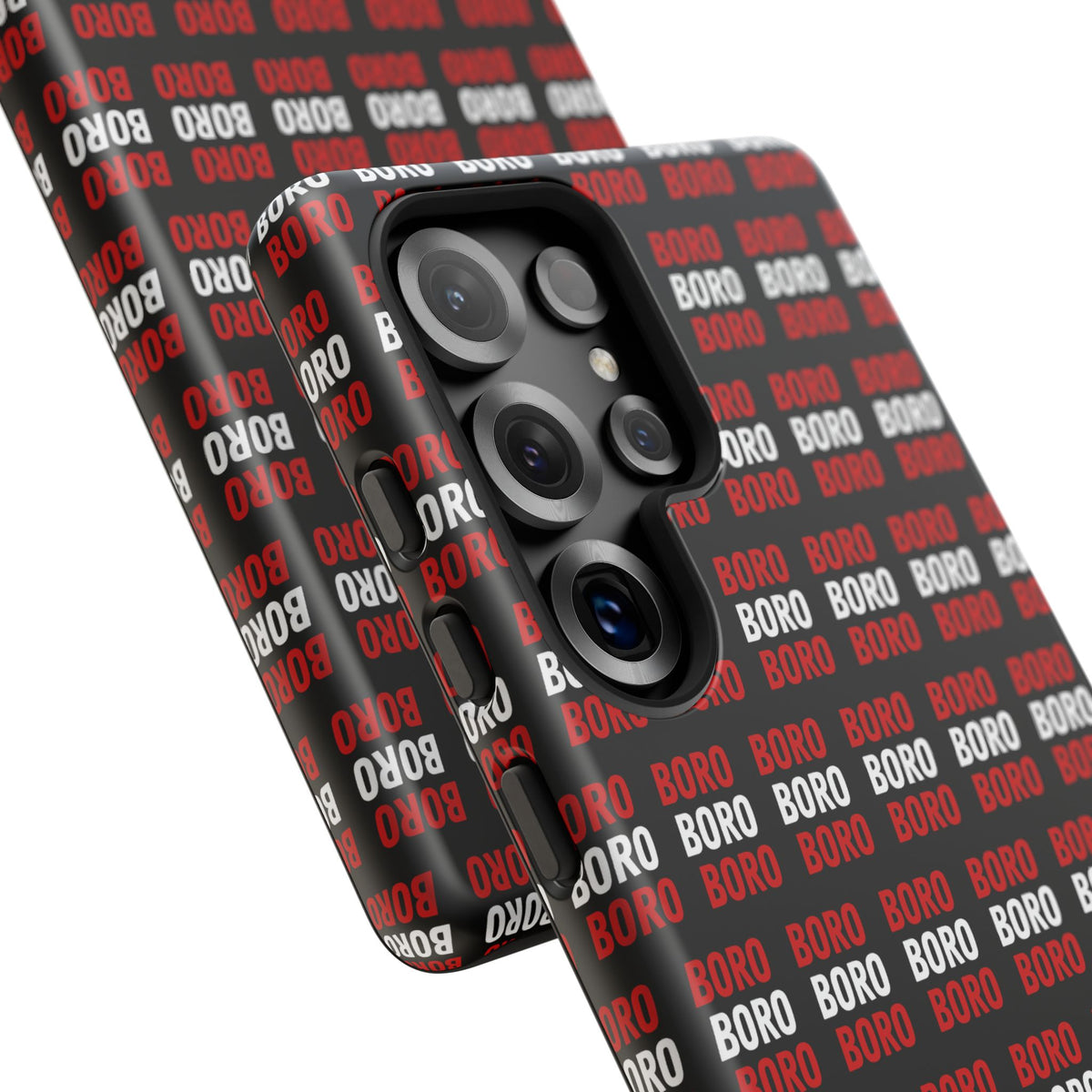 BORO BORO BORO Pattern Phone Case — Bold Red & White Repeating Text Protective Cover