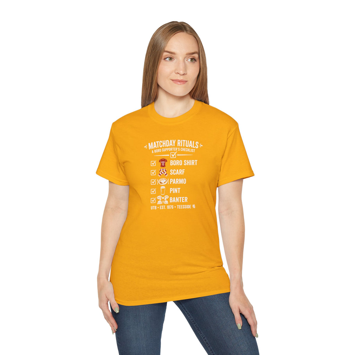 Matchday Rituals Tee — Boro Shirt, Scarf, Parmo, Pint & Banter Football T‑Shirt