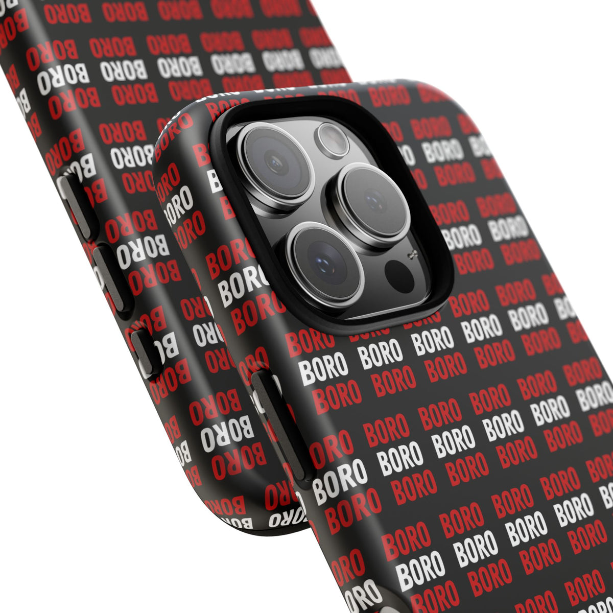 BORO BORO BORO Pattern Phone Case — Bold Red & White Repeating Text Protective Cover