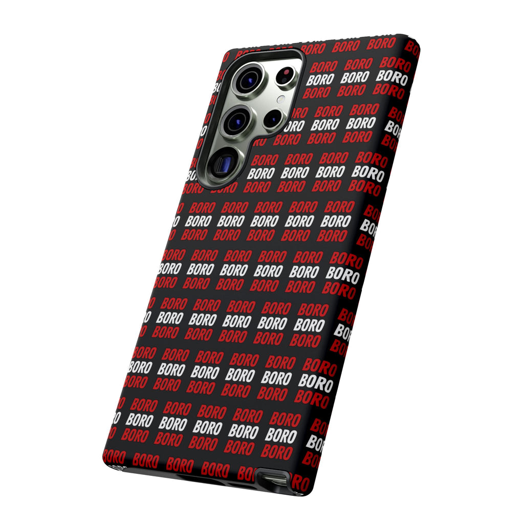 BORO BORO BORO Pattern Phone Case — Bold Red & White Repeating Text Protective Cover