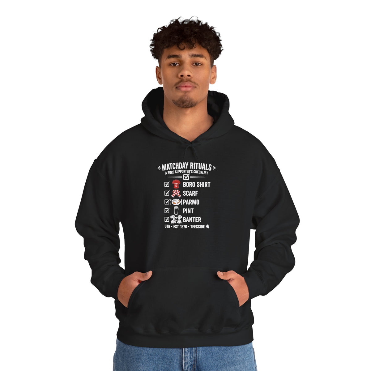 Boro Matchday Rituals Hoodie — "Matchday Rituals" Checklist Hoodie 'front print'