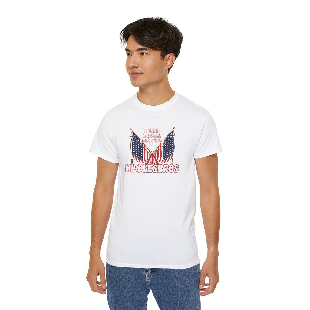 American Flag Graphic Cotton T-Shirt - Morris, Arfsten and Berhalter - Patriotic 'Middlesbros' Tee