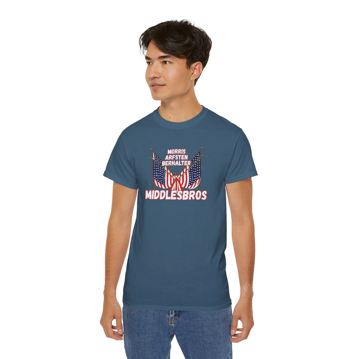 American Flag Graphic Cotton T-Shirt - Morris, Arfsten and Berhalter - Patriotic 'Middlesbros' Tee