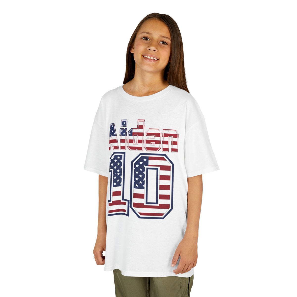 Kids Shirt 'Aiden 10' American Flag BORO Shirt, Aidan Morris is our Number 10 'Front print'