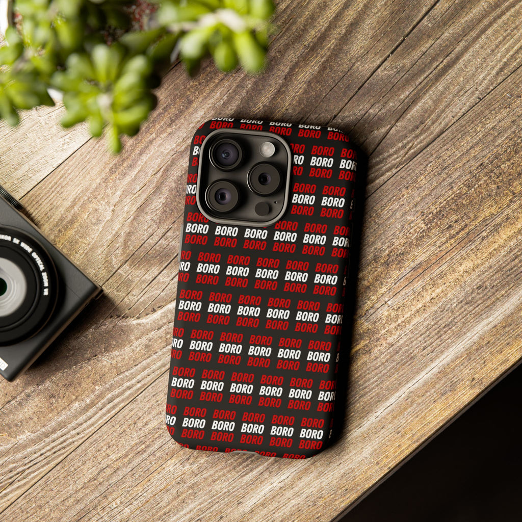 BORO BORO BORO Pattern Phone Case — Bold Red & White Repeating Text Protective Cover