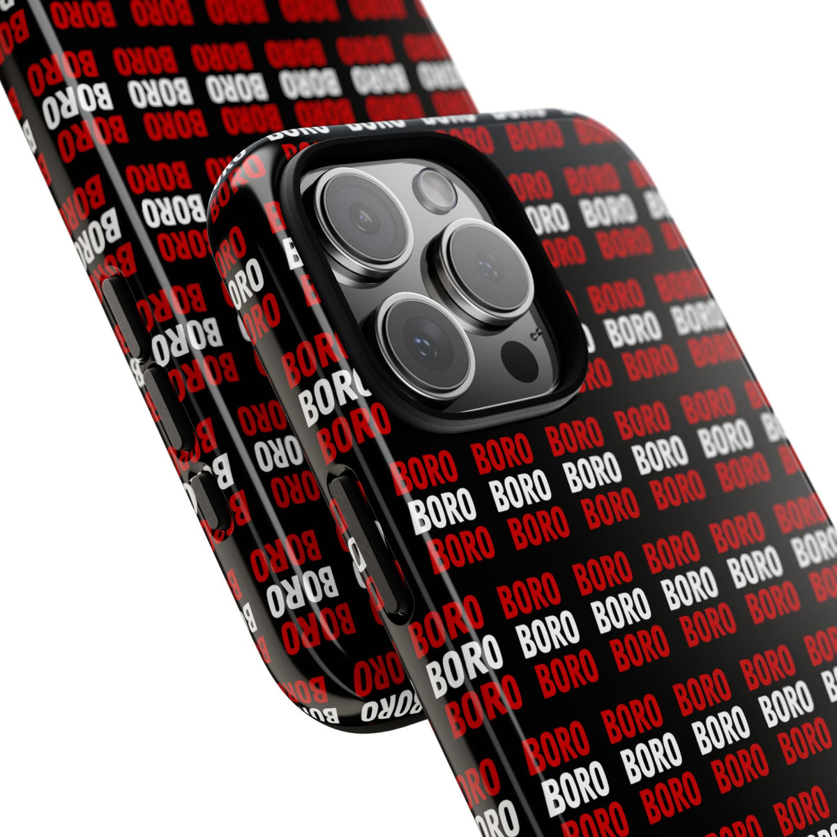 BORO BORO BORO Pattern Phone Case — Bold Red & White Repeating Text Protective Cover