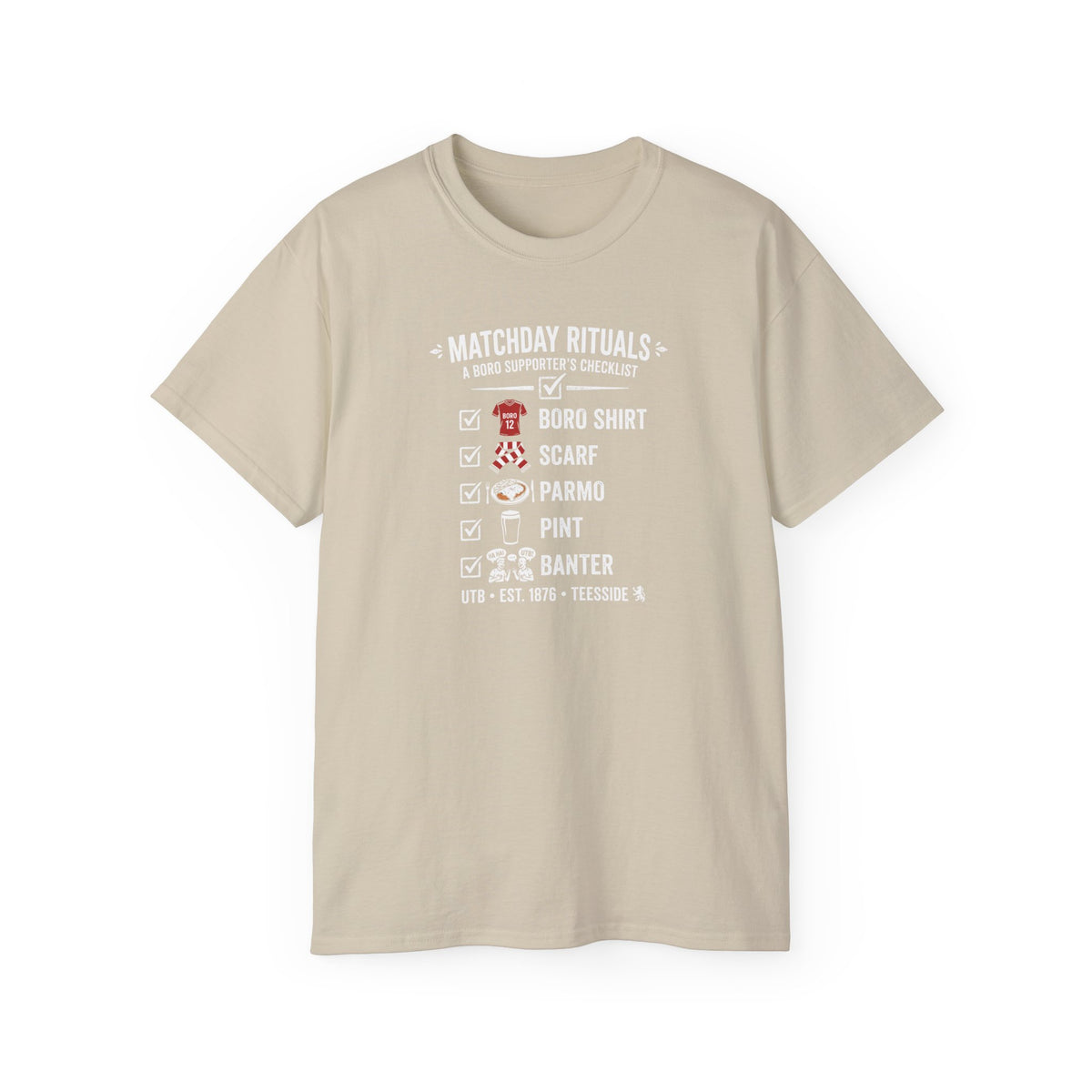 Matchday Rituals Tee — Boro Shirt, Scarf, Parmo, Pint & Banter Football T‑Shirt